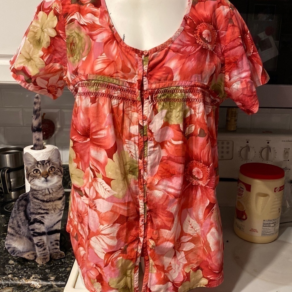 L womens Lemon Grass casual short sleeve button front top XL